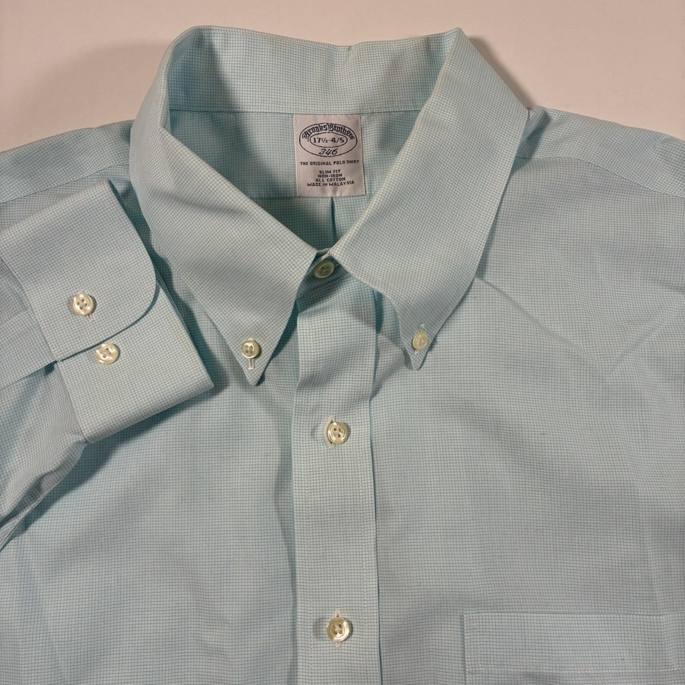 Brooks Brothers Shirt 17.5 4/5 Slim Fit Light Blue Check‎ Oxford Non Iron Button